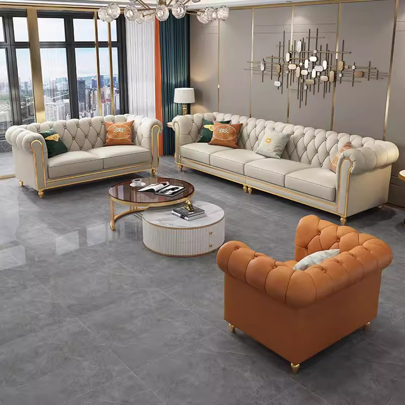 Foshan Factory Genuine Leather Sofa First Layer Cowhide Living Room Straight Four-Seater Straight Button American Leather Art Sofa