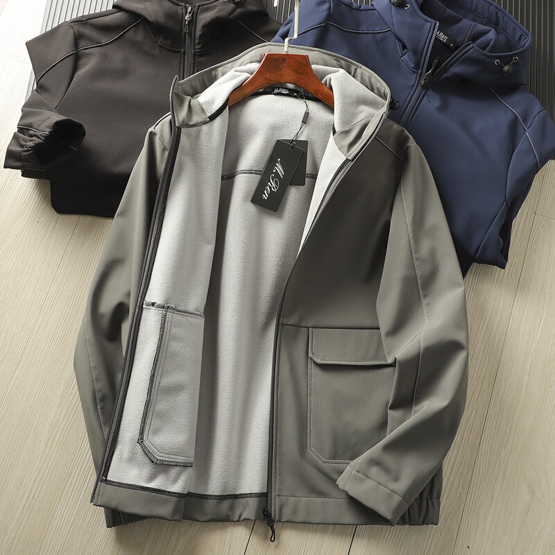 Outdoor Soft Shell Jacket 2024 Autumn and Winter New Men's fleece-lined Thick Hooded Jacket Casual Jacket Trendy