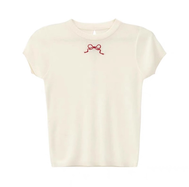 ブルーリボン刺繍薄手ニット半袖Tシャツレディース2025夏新作中空ショルダートップ|undefined