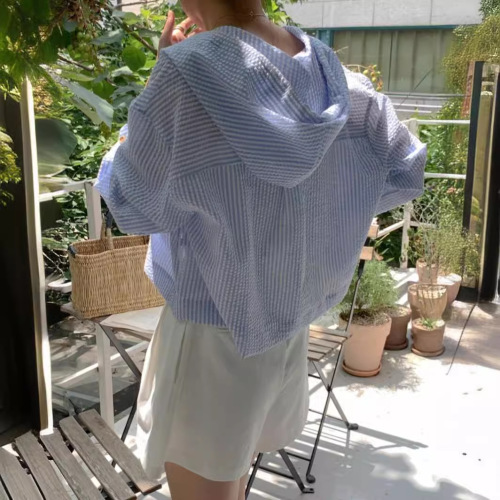 French Design Style 2024 Summer Versatile Single Button Striped Short Sleeve Loose Long Sleeve Sun Protection Hooded Shirt for Women