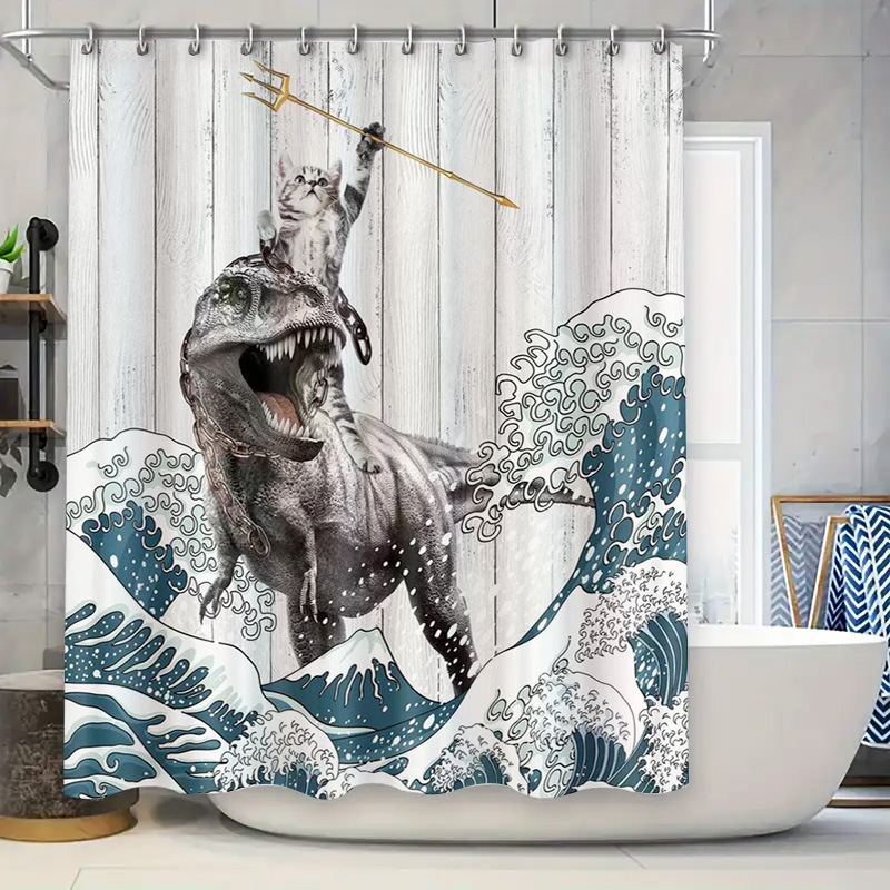 Divertida cortina de baño valiente gato sostiene tridente flecha montar tiburones en las olas ballenas gatos cortina de baño conjunto baño