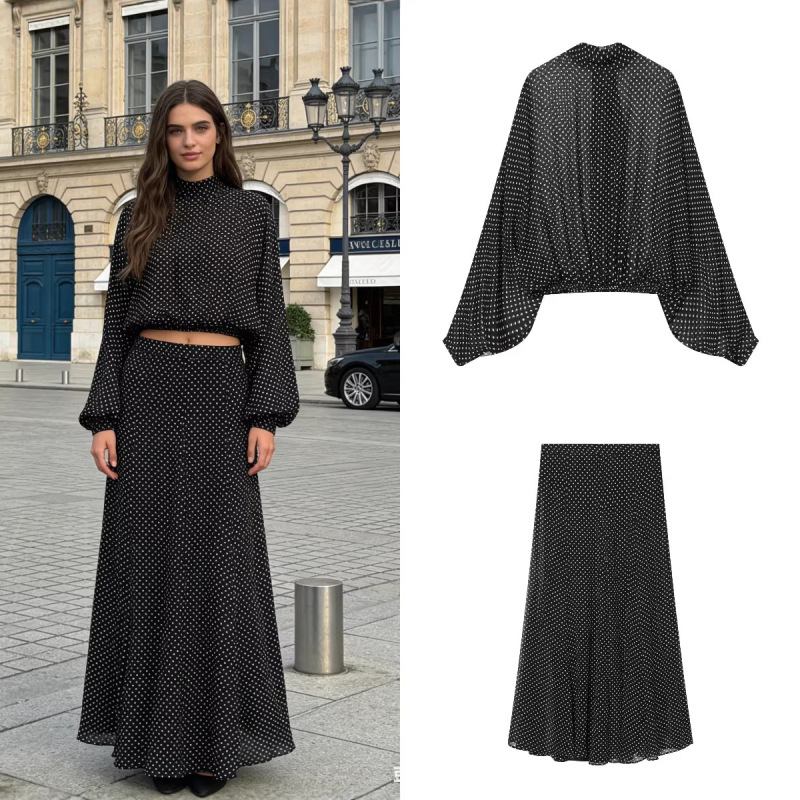 Foreign Trade Cross-Border Ready-Stock European and American Style Women's Casual Outfit: Polka Dot Bow-Decorated Shirt + Polka Dot Long Skirt Foreign Trade Cross-Border Ready-Stock European and American Style Women's Casual Outfit: Polka Dot Bow-Decorated Shirt + Polka Dot Long Skirt