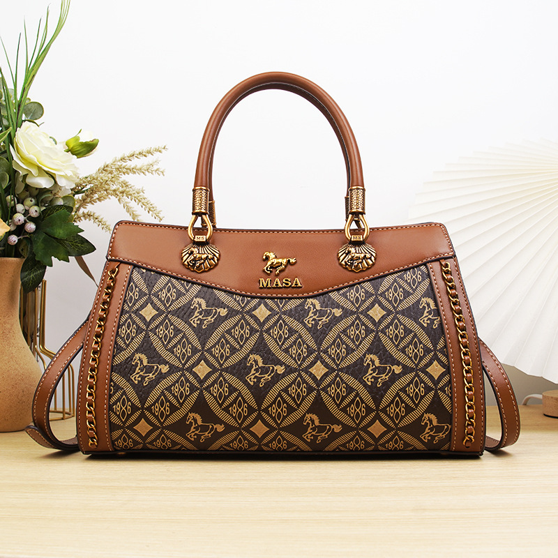 Brand Direct Supply Vintage Monogram Horse Pattern Women's Bag, Light Luxury High-End Handbag, Middle-Aged Mom Style, Large Capacity Bag