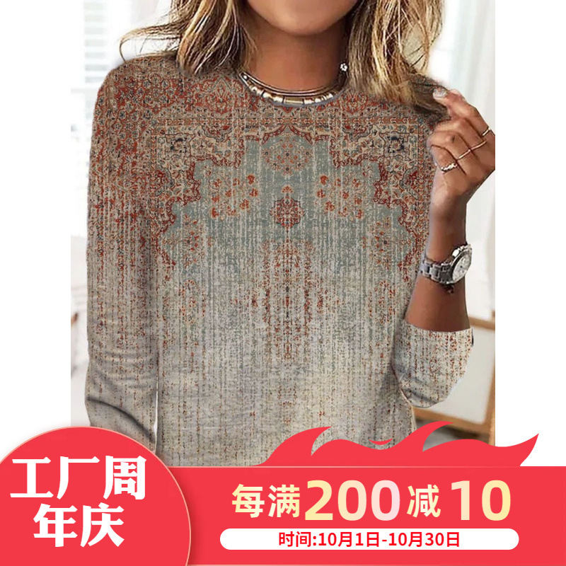 2022 New Cross-Border Women's Fashion Apparel Casual Round Neck Long Sleeve Loose Pullover Digital Print Women's T-Shirt