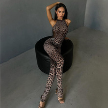亚马逊新款性感无袖挂脖豹纹印花网纱拼接欧美连体裤紧身高弹长裤