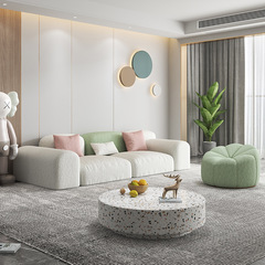 Internet-famous pebble-shaped sofa in cream style—small living room, unconventional design, fabric sofa with lambswool lining and straight-row stitching.