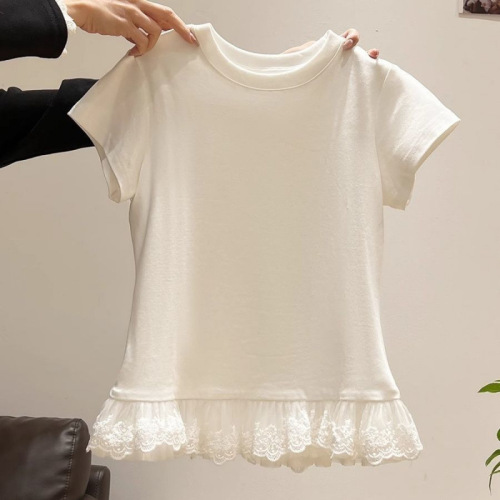 White Lace Splicing Ballet Style Short-Sleeve T-Shirt for Women - Spring and Summer New Arrival - Cross-Border Shipping - Fitted Base Layer Top