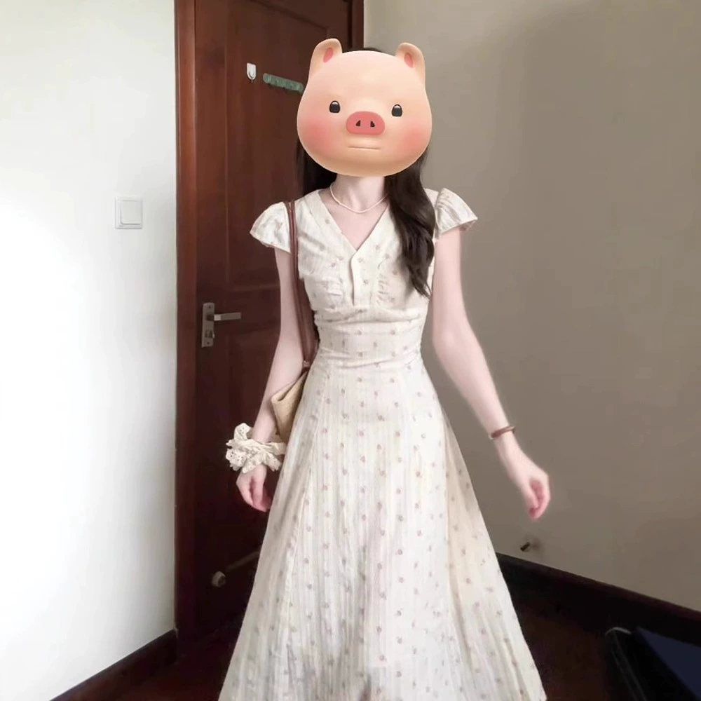 Французское платье с v-образным вырезом и цветочным принтом для женщин, летнее новое стильное высококачественное праздничное платье с талией, утягивающее талию, длинная юбка трапециевидной формы