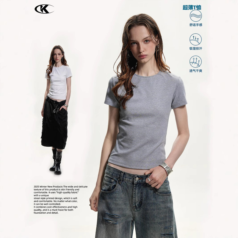 11Kn American Sexy High Elasticity Skin-Friendly Basic Versatile High-End Slim Fit Right Shoulder Short-Sleeved T-Shirt for Women