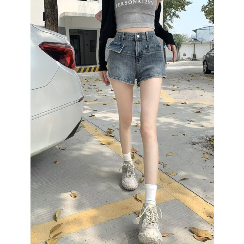Lady's Summer Vintage Denim Shorts, Retro Ins Trend High-Waisted Slimming A-Line Petite Straight Wide Leg Pants