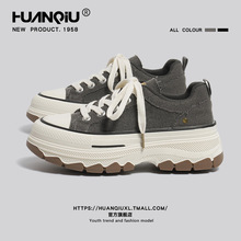 环球复古港风帆布鞋女2025新款秋季厚底休闲板鞋小个子增高鞋子女