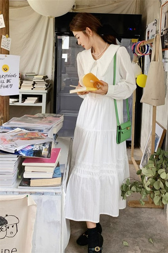 Spring and Autumn French-style first love retro doll collar white long dress, pure and sweet temperament women's dress