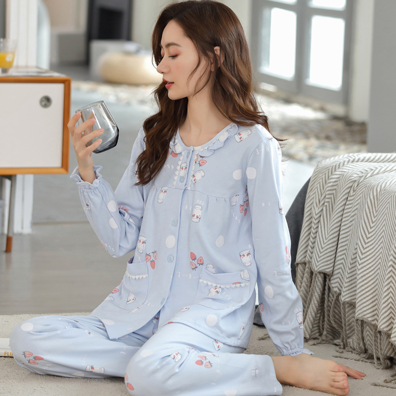 Traje % Pijama de algodón de manga larga impresa casual suelta primavera y otoño delgada ropa de aire acondicionado ropa para el hogar se puede usar fuera