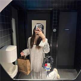慵懒风条纹圆领长袖薄款T恤女夏季小众百搭宽松显瘦防晒罩衫上衣