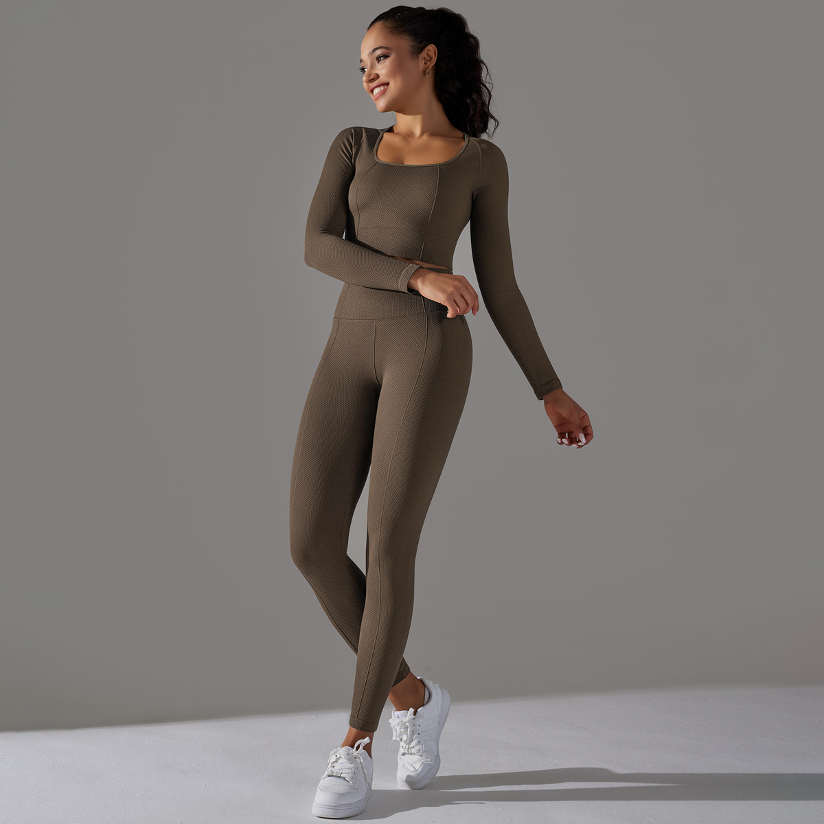 Women's Jacquard Yoga Dress Long Sleeve Suit High Waist Hip Tights Fitness Sportswear_voghion.com