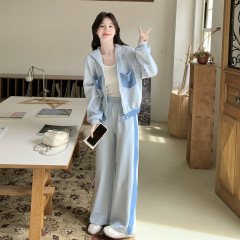 实拍蓝色学院风休闲运动套装2025秋款韩版连帽开衫卫衣卫裤两件套