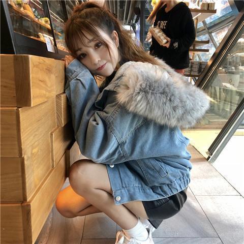 冬季韩版牛仔上衣女外套宽松学生短款加绒加厚毛领牛仔棉服女