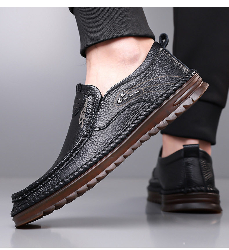Giày lười nam da bò lớp đầu mềm, đế bằng chống trượt, form rộng cỡ lớn — Kaki, Màu trắng, Màu đen chi tiết 27