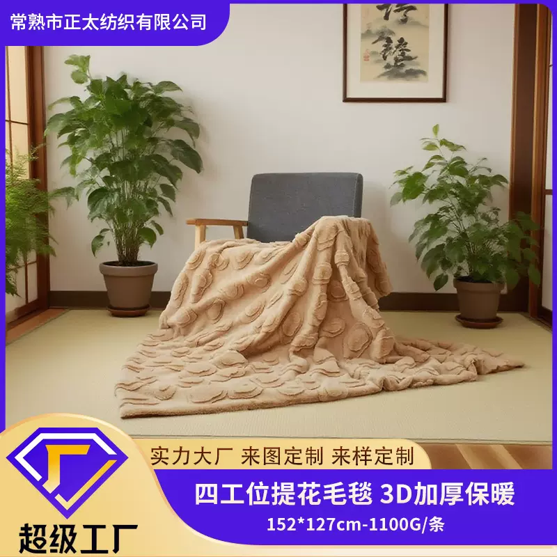 定制新品四工位提花兔毛毯加厚保暖秋冬时尚3D沙发毯床上用品