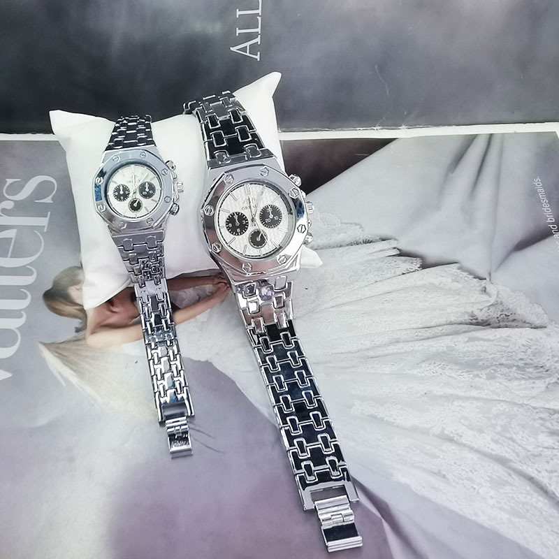 Relógio de quartzo com pulseira de aço masculino e feminino 2024, clássico, casual, três olhos, com calendário, à prova d'água, para casal_voghion.com