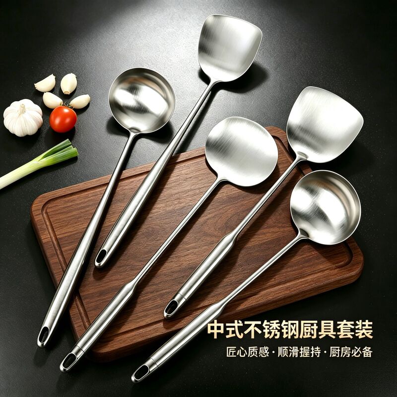 Stainless steel spatula and ladle with extended, all-steel handles, a set of kitchen utensils for home use, including a frying spatula, soup ladle, and cooking spatula Stainless steel spatula and ladle with extended, all-steel handles, a set of kitchen utensils for home use, including a frying spatula, soup ladle, and cooking spatula