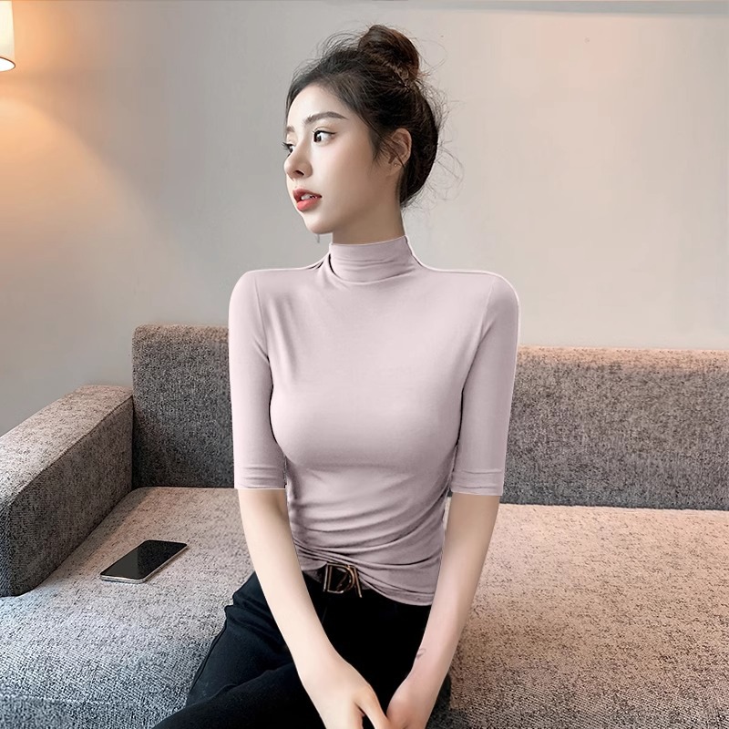 가죽 핑크 하프 터틀넥 7부소매