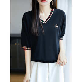夏季新款莱赛尔天丝V领短袖女韩系风拼色打底衫洋气减龄短款上衣