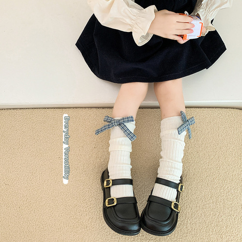 Autumn and winter new Japanese solid color girls' pile socks ins trend plaid mid-calf socks bow calf socks