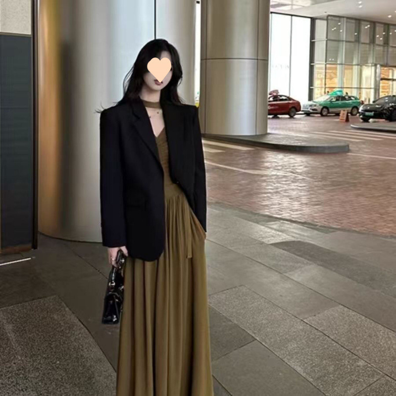 ニッチなデザインの女性用プリーツリボンドレス、秋のスリムフィットAラインニットロングスカート|undefined