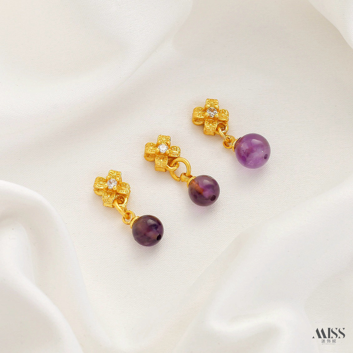 Inlaid with natural amethyst, plated with real gold and thick silver, angel and osmanthus drop-shaped decorative bead pendant DIY jewelry accessories