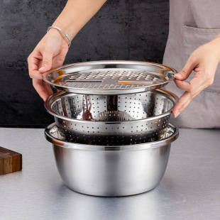 Multifunctional Grater Basin Set of Three Pieces, Stainless Steel Kitchen Rice Washing Sieve and Basin, Available for Dropshipping with Logo, Multi-Purpose
