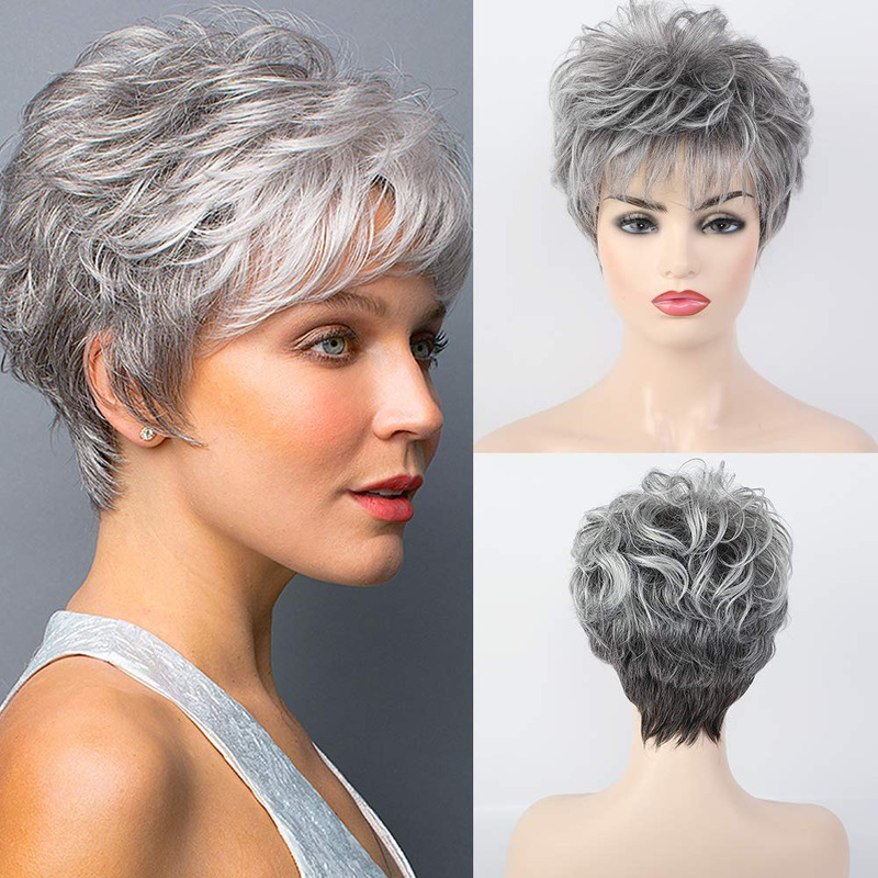 Cross-Border Fashion Short Gradient Gray Human Hair Pixiecut Elf Cut Natural Mechanism Women's Wig Headgear