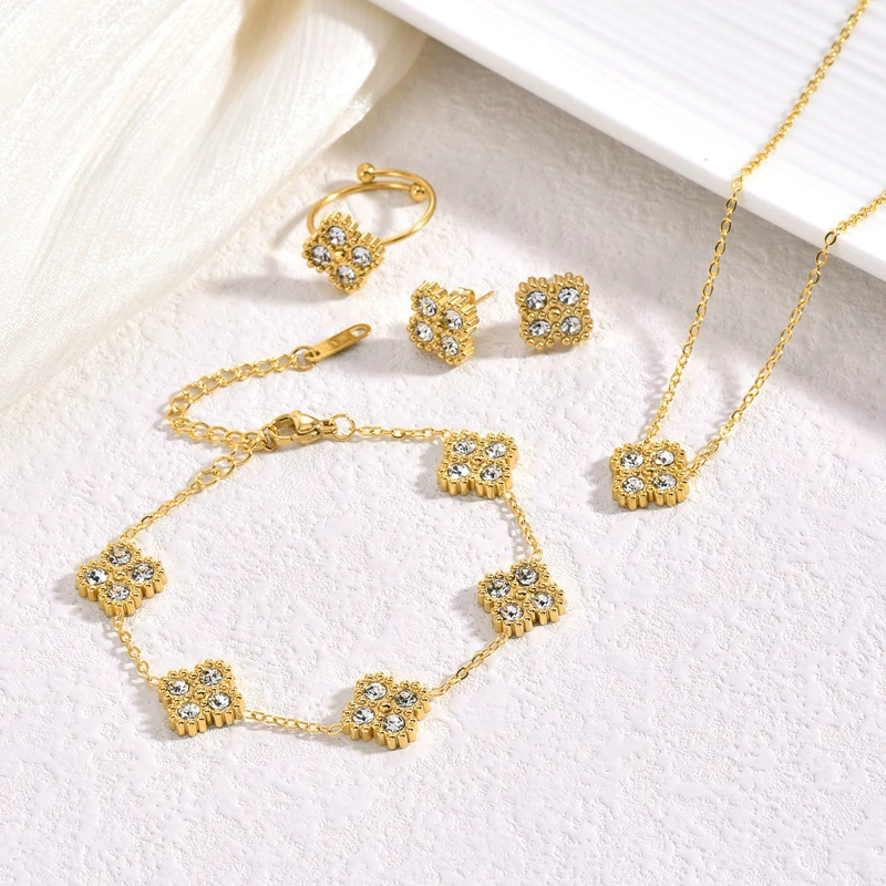 9MM клевер с бриллиантами трансграничная титановая сталь с покрытием 18k золотой браслет колье кольцо серьги набор не выцветает