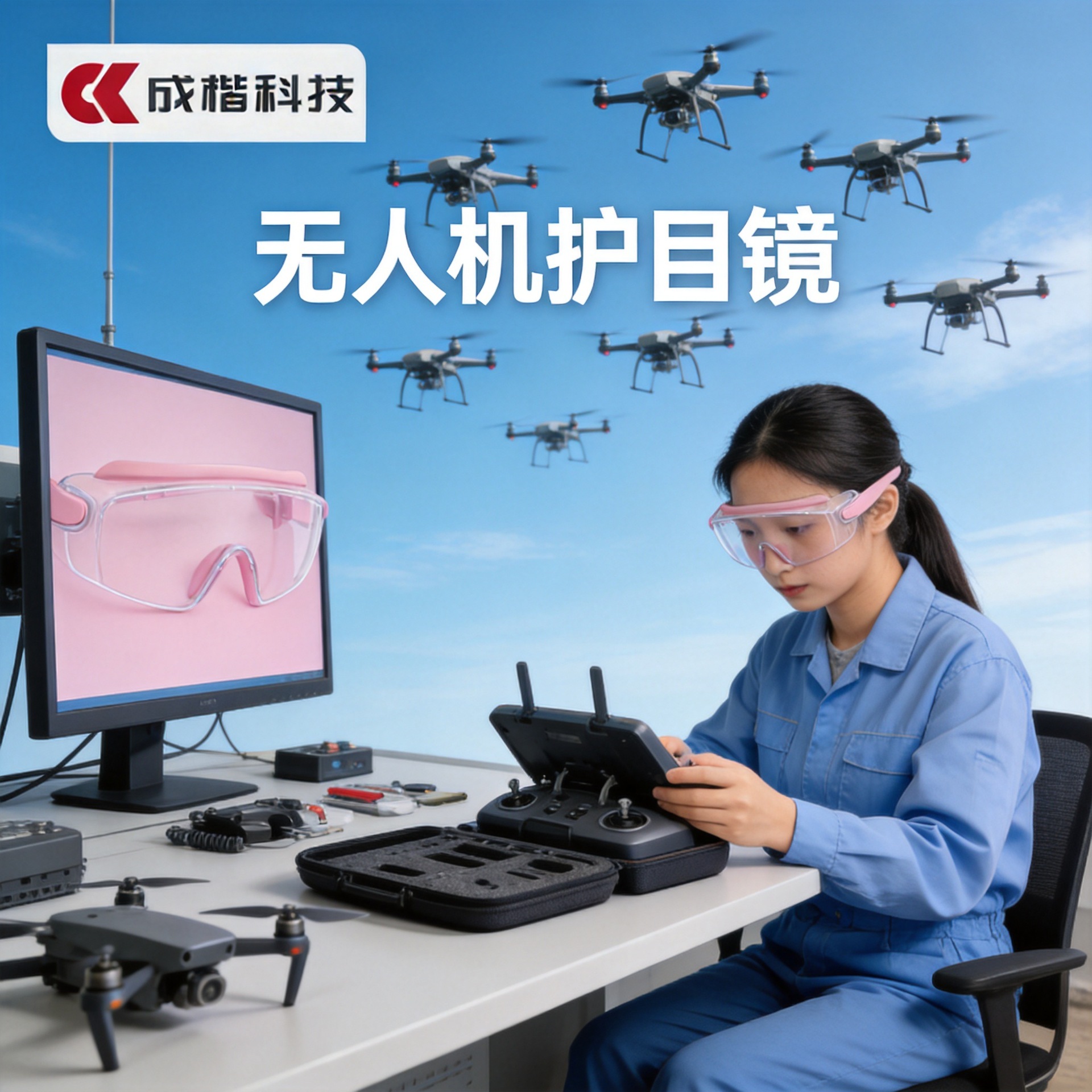 Drone Goggles, Pc Impact-Resistant, Splash-Proof, Anti-Fog, Suitable for Cycling, Can Be Worn over Prescription Glasses, Three-Level Adjustable Temple Arms