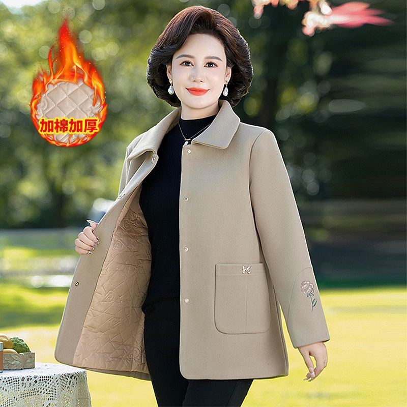 妈妈装秋冬加棉毛呢外套中老年高档国风洋气中长款加厚呢子上衣女