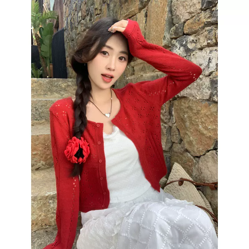 红色针织开衫早秋女装新款外搭短款毛衣外套长袖上衣打底工厂批发