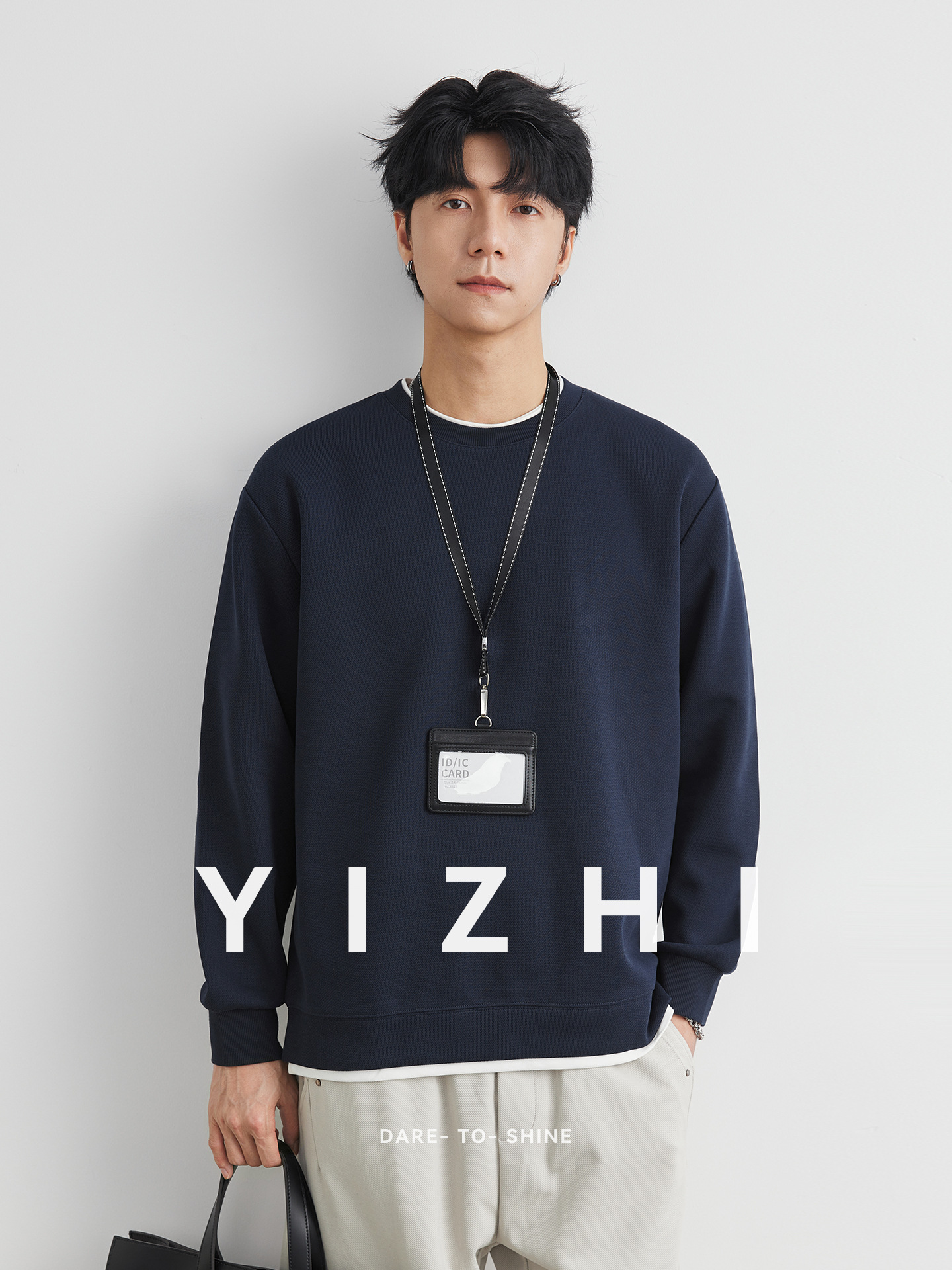 Men's 310g Heavyweight Fake Two-Piece Crewneck Sweatshirt, Spring and Autumn 2026 New Color-Blocking Men's Top Trendy Style