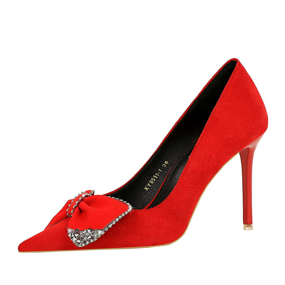 9511-H31 Light Luxury Banquet Heels Stiletto Suede Shallow Pointed Toe Rhinestone Bow Super High Heel Single Shoes For_vogvips.com