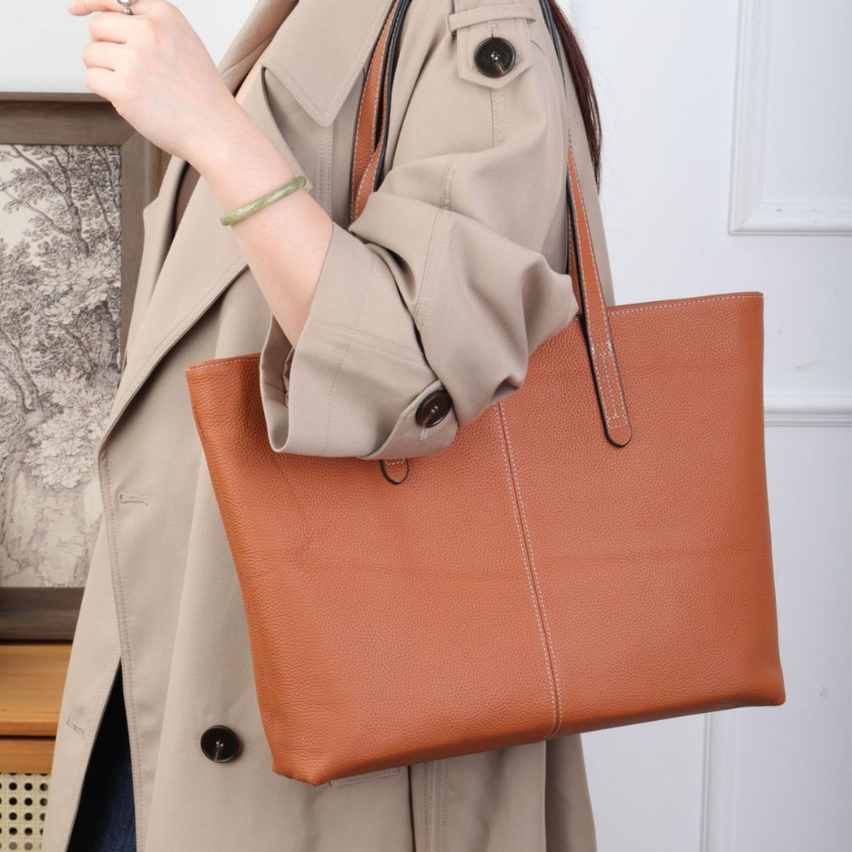 Top Grain Cowhide Leather Shoulder Bag For Women, Large Capacity Tote Bag, Simple Shopping Bag, Genuine Leather Laptop Briefcase For Commuting - Thumbnail 4