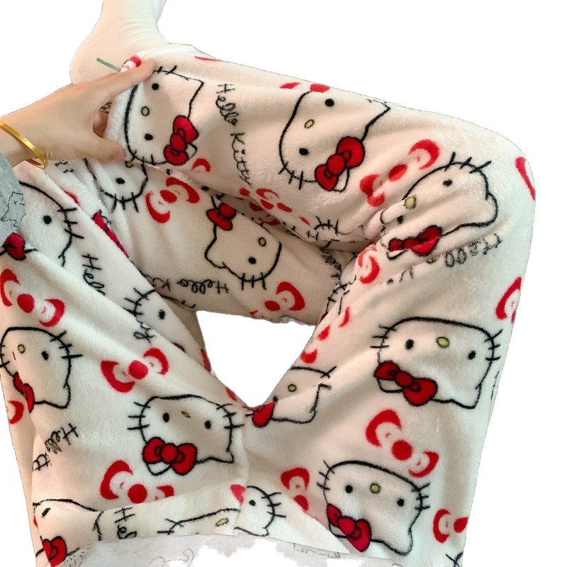 Pantalones de pijama de franela de dibujos animados de otoño y invierno para mujeres con pantalones de lana de coral caliente para estudiantes de lana de invierno para el hogar
