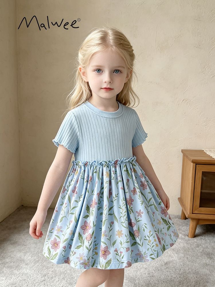 Malwee transfronterizo verano nuevo vestido de impresión de niños europeos y estadounidenses lindo viento suave y cómodo ropa de niñas