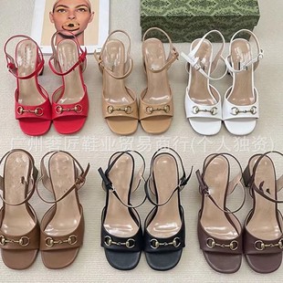 2025 New Classic G Family Horse Buckle Light Luxury Thick Heel Peep Toe Sandals Metal Buckle Open Toe High Heel Women's Shoes
