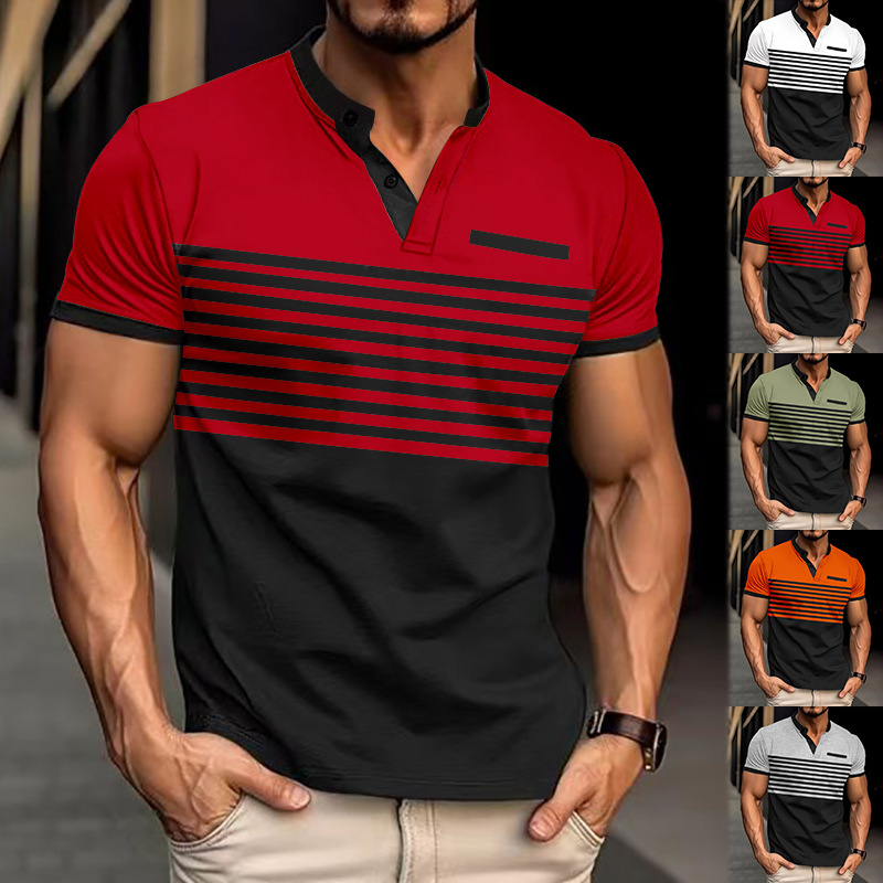 T-shirt versatile colorata da uomo nuova con taschino sul petto, scollo a V e bottoni a righe_voghion.com