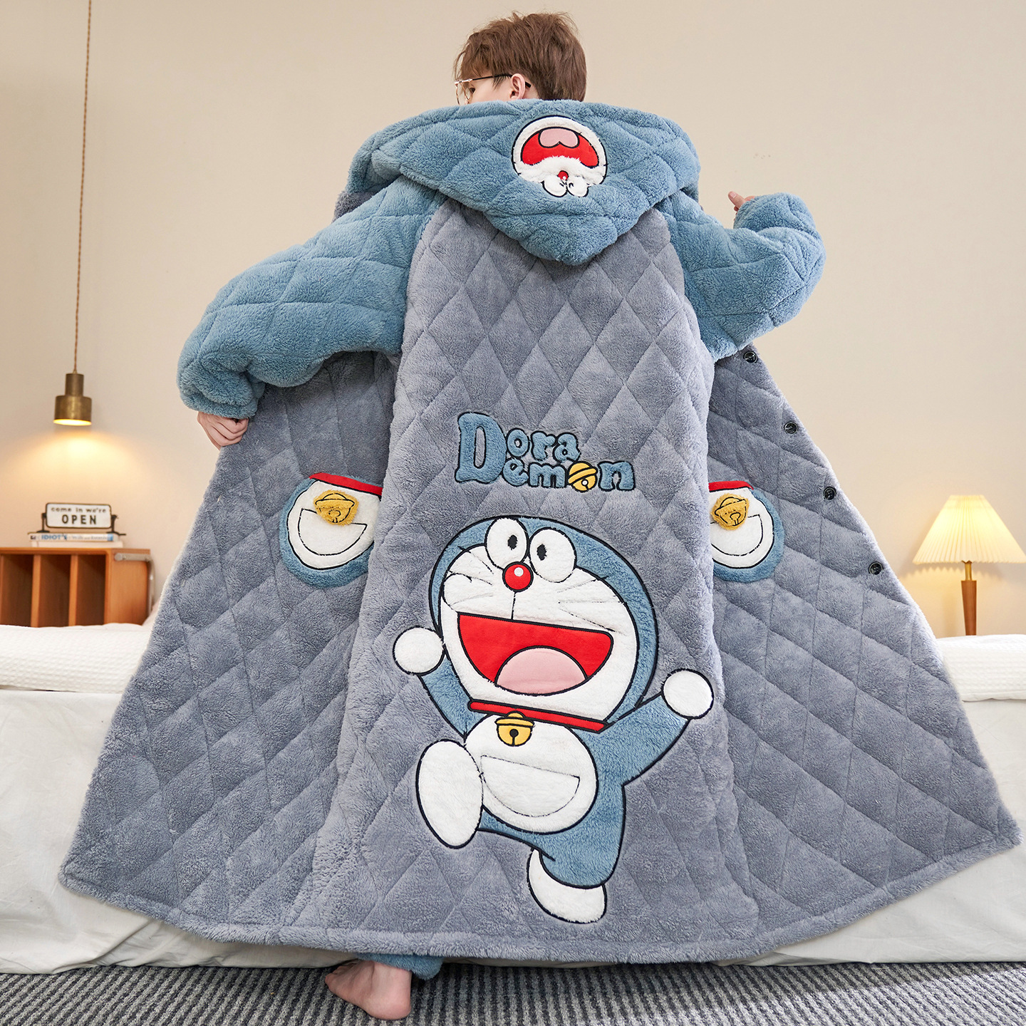 Men's Pajamas Autumn and Winter Coral Velvet Three-Layer Quilted Bathrobe Pants Fleece-Lined Cartoon Warm Long Pajamas Set