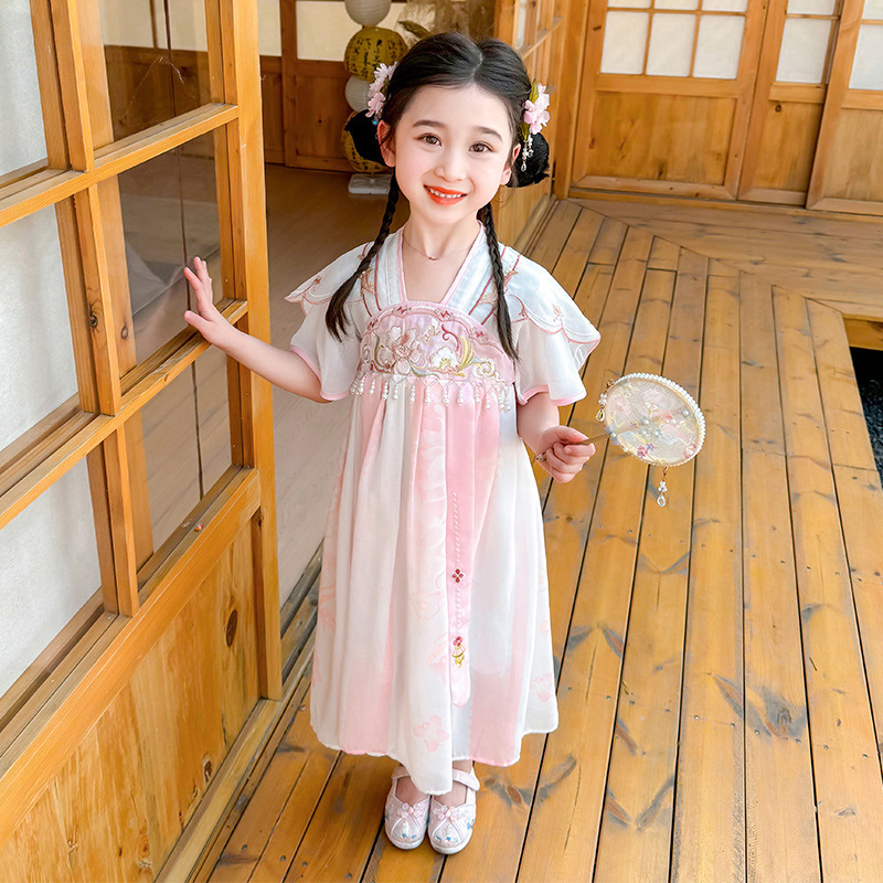 Hanfu Girl's 2025 Summer New Style Chinese Style Large Children's Butterfly Embroidery with Strap Princess Long Hanfu Dress