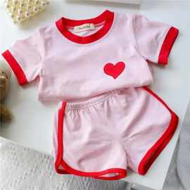 夏季女童运动套装宝宝网红洋气儿童个性潮韩版拼色爱心可爱两件套