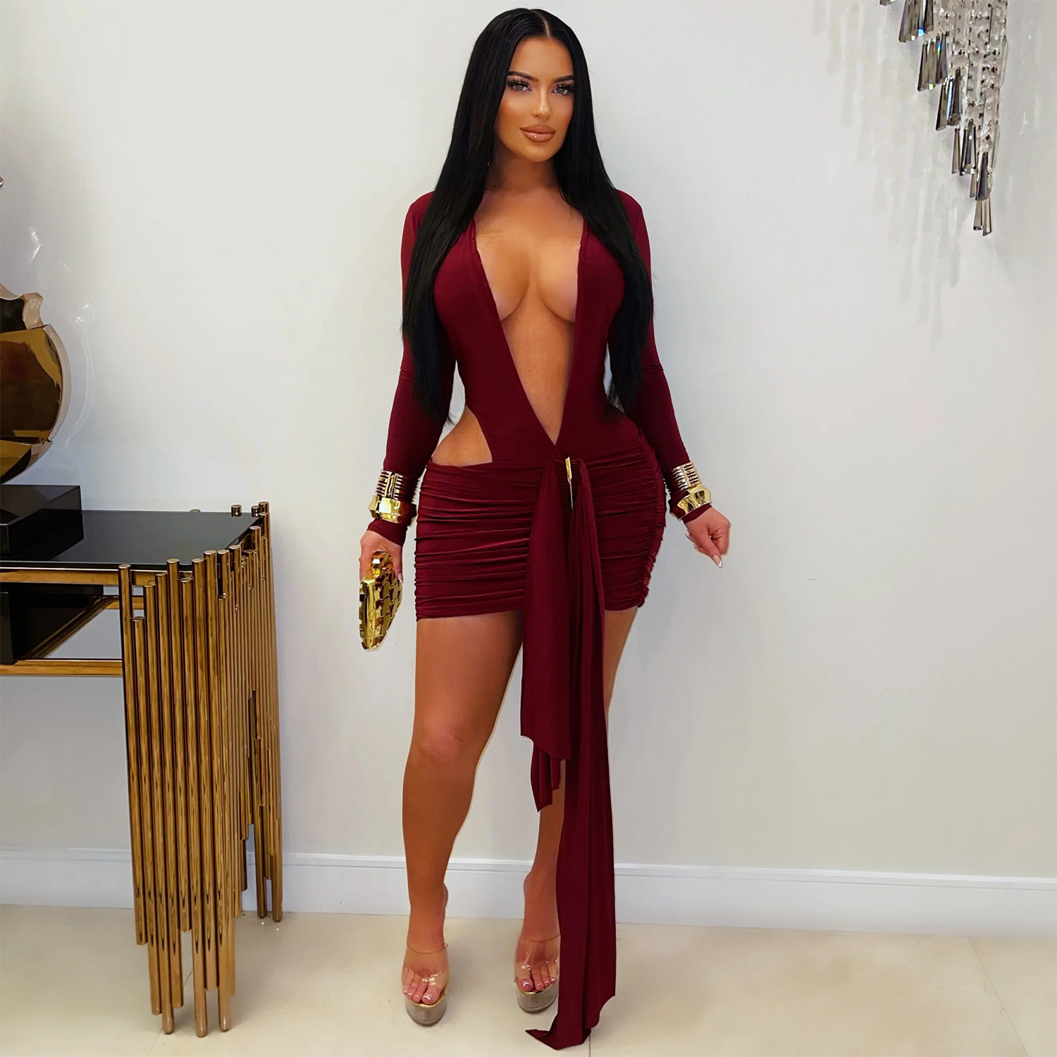 C7607 cross-border AliExpress Amazon Europa y América ropa de moda femenina sexy oscura V vestido de correa de color sólido vestido corto nuevo image 5
