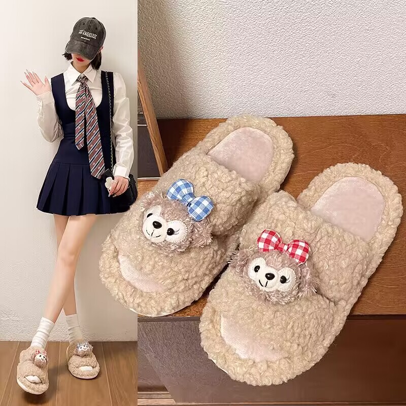 Autumn and winter cute cartoon plush warm home indoor cotton slippers women's one word non-slip fluffy slippers women's winter