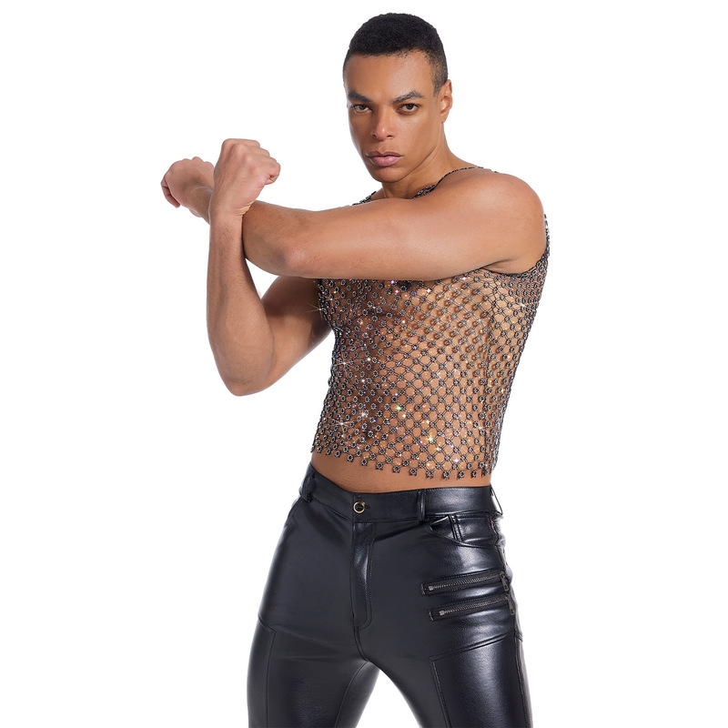 Amazon Cross-Border European and American Fashion Men's Mesh Rhinestone T-Shirt Fishnet Rhinestone Party See-Through Vest Mesh Clothing for Men
