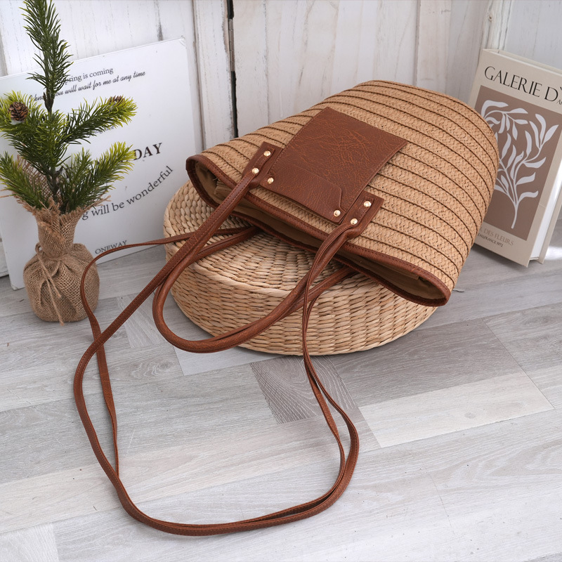 Handmade Rattan Shoulder Bag With Leather Trim Eco-friendly Basket_voghion.com